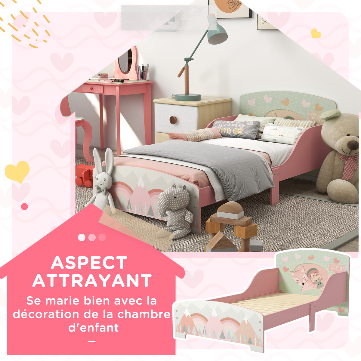 Lit pour enfant 3-6 ans avec barrières de sécurité et motifs dim. 77 x 143 x 60 cm sommier à lattes inclus - rose-3