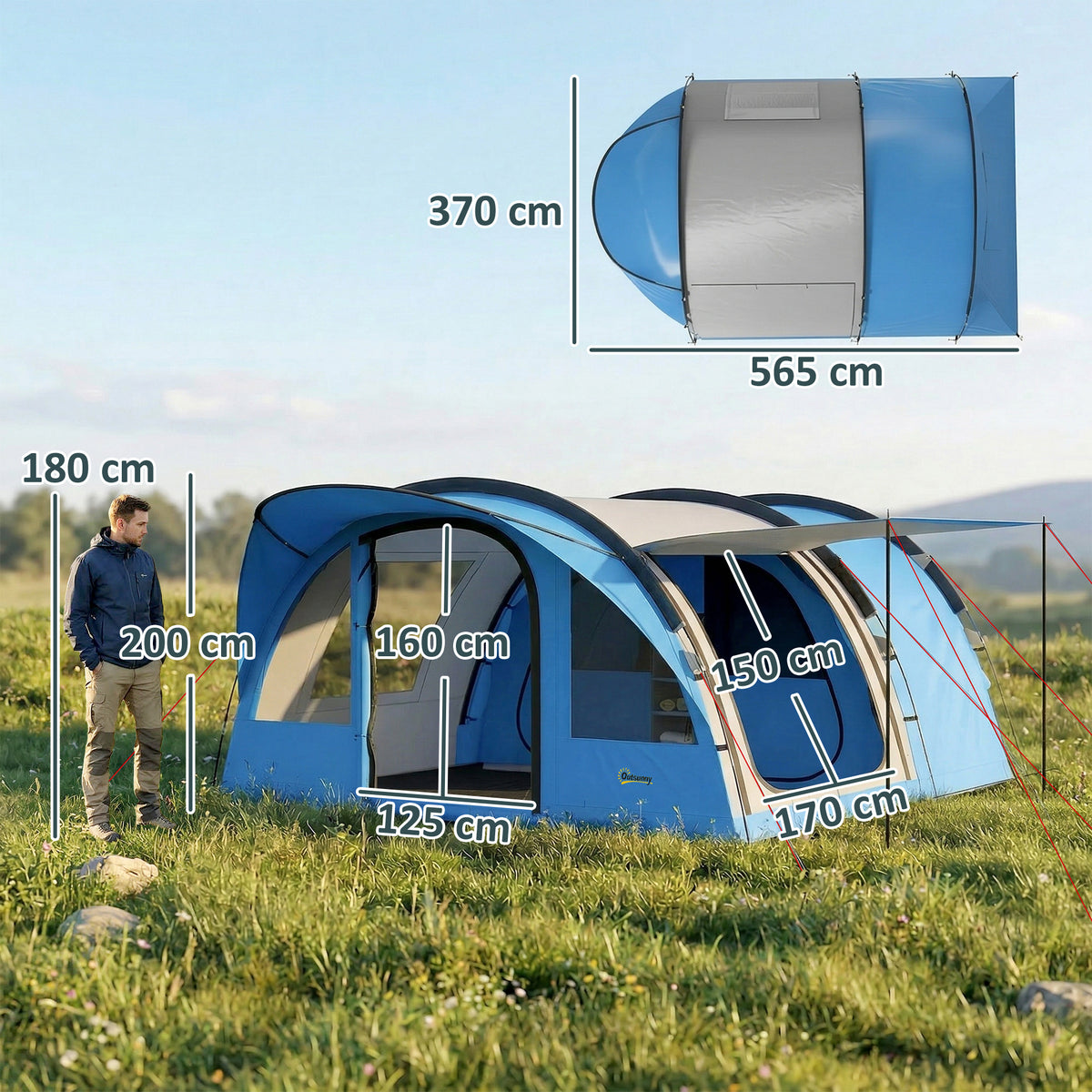 Grande Tente Tunnel Camping 4 Personnes 3-4 Saisons Hauteur d'Homme 2 m Séjour XL 3,7 m Imperméable 3000mm Bleu-2