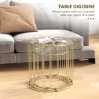 Lot de 2 tables basses gigognes rondes modernes avec cadre en métal et plateau en verre, ton doré-3