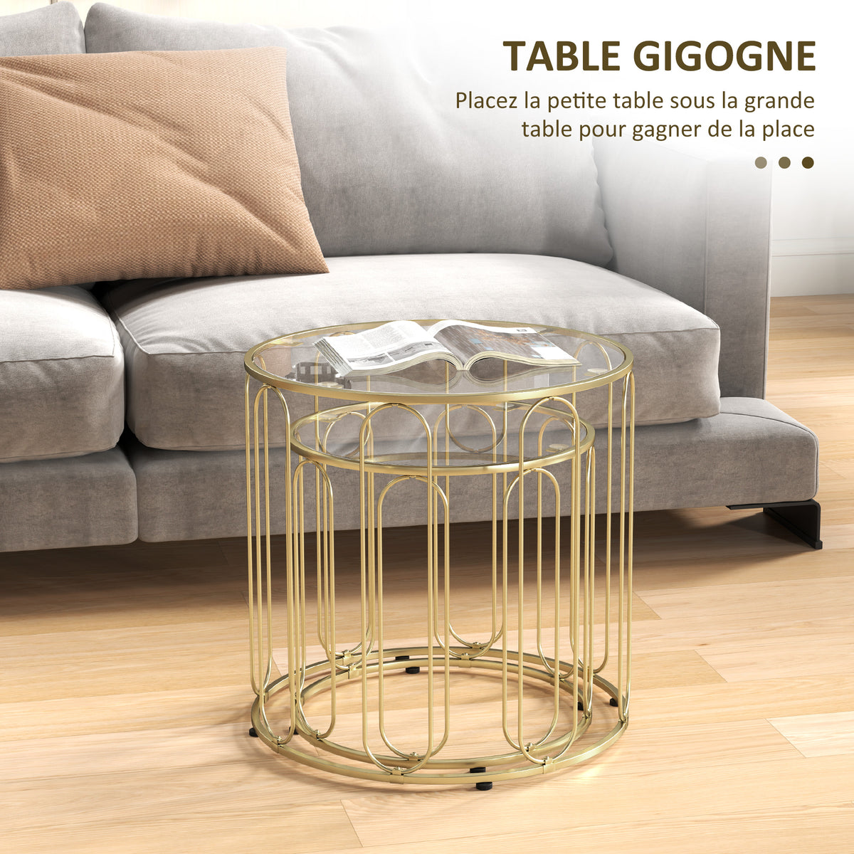 Lot de 2 tables basses gigognes rondes modernes avec cadre en métal et plateau en verre, ton doré-3