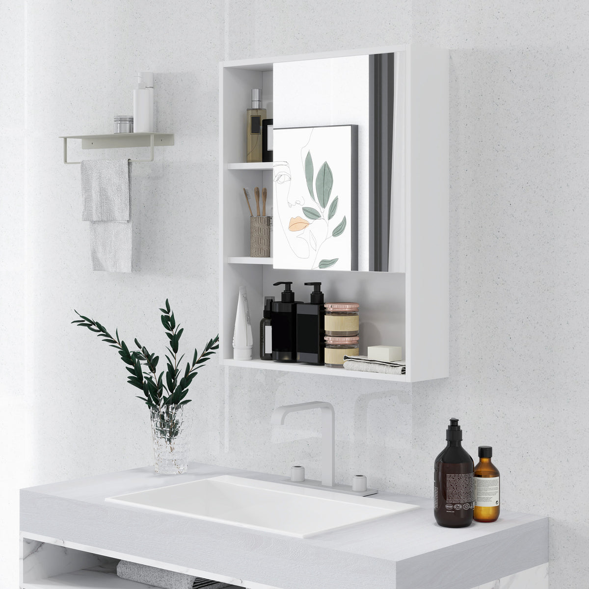 Armoire murale salle de bain avec miroir, meuble salle de bain, 5 compartiments et étagère réglable, 60x15x76cm, blanc-1