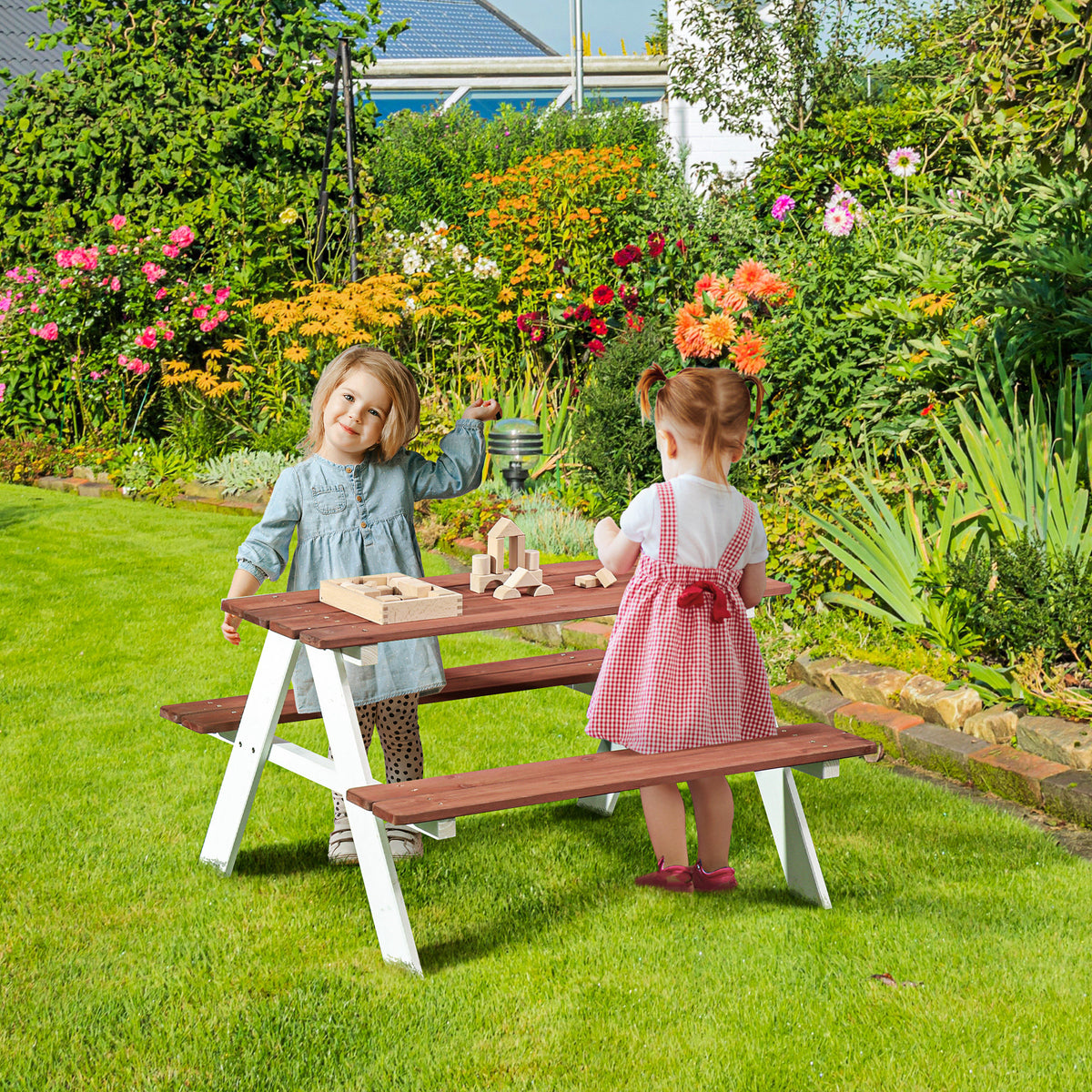 Table de pique-nique pour enfants avec bancs en bois massif table enfant pour le jardin 89 x 79 x 50 cm marron et blanc-9