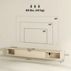 Meuble TV suspendu, meuble télé pour téléviseur jusqu'à 60 pouces, tiroir rabattable 2 étagères 140x24x16cm bois naturel-2