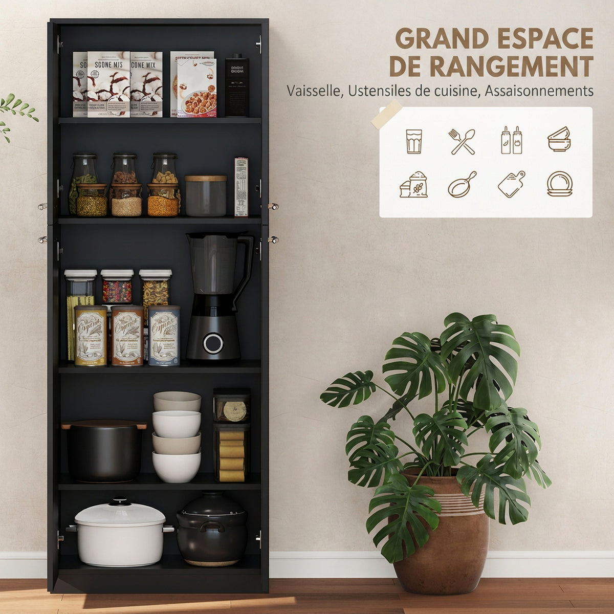 Buffet Haut Cuisine, Armoire de Cuisine avec 2 Portes et Étagères Réglables, Style Moderne, 59 x 31 x 155 cm, Noir-3