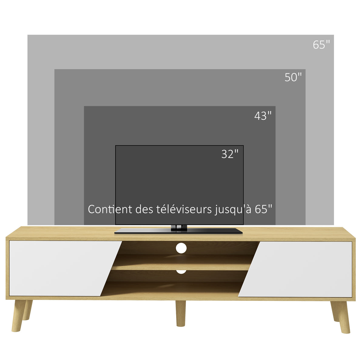 Meuble TV pour télévision jusqu'à 65 pouces design scandinave 2 portes 2 niches avec passe-câbles 150 x 30 x 42 cm-6