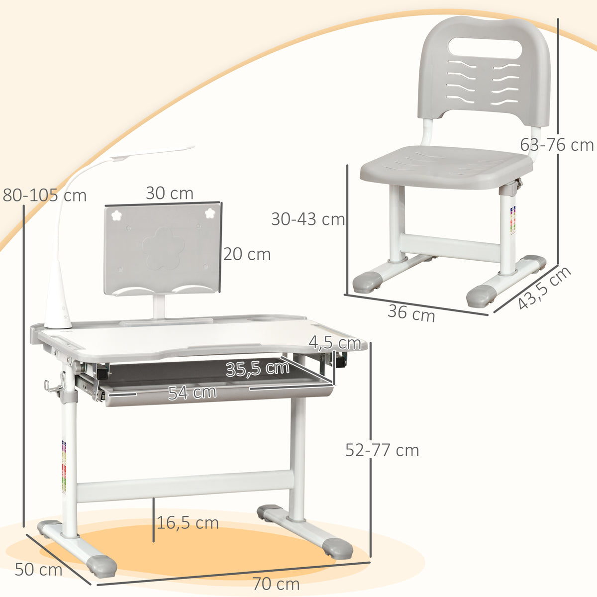 Ensemble chaise et bureau pour enfants avec lampe LED hauteur réglable plateau incliné support de lecture gris-2
