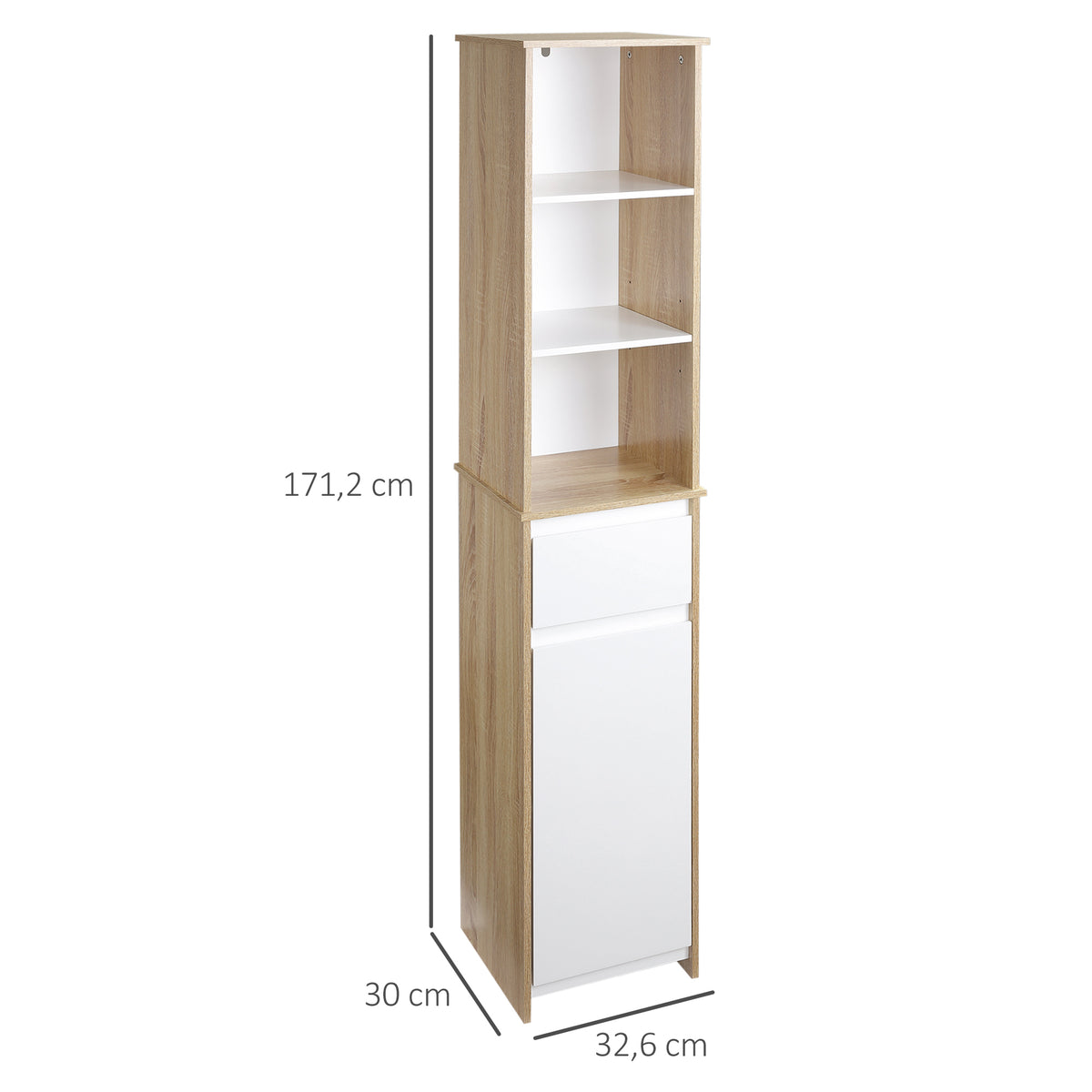 Meuble Colonne Rangement Salle de Bain Style Cosy 3 niches tiroir Placard avec étagère Blanc Aspect chêne Clair-2