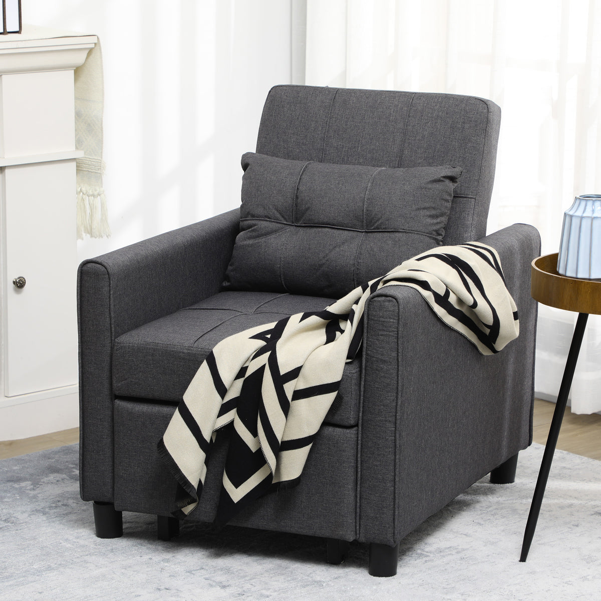 Fauteuil convertible 1 place 3 en 1 dossier réglable en 3 positions oreiller inclus 2 poches latérales 69x82x85cm gris-9
