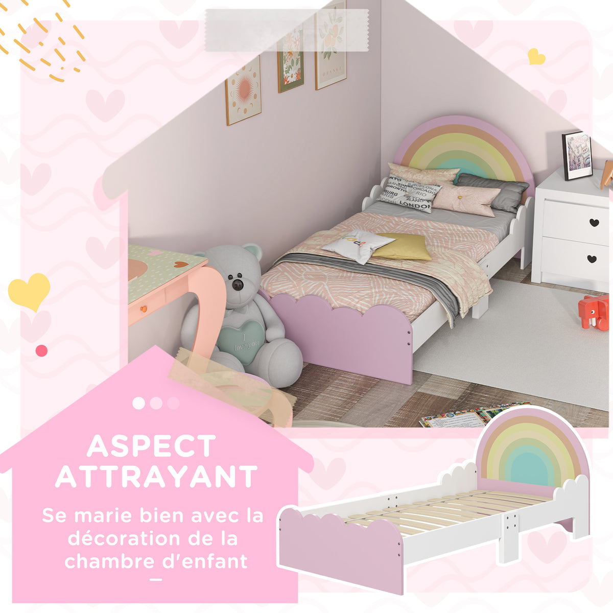 Lit pour enfants de 3 à 6 ans 143 x 74 x 66 cm design arc-en-ciel sommier à lattes inclus chambre moderne rose-3