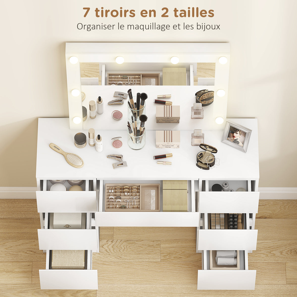 Coiffeuse avec miroir et tabouret table de maquillage avec miroir LED tabouret rembourré 7 tiroirs 110x39,5x140cm blanc-4