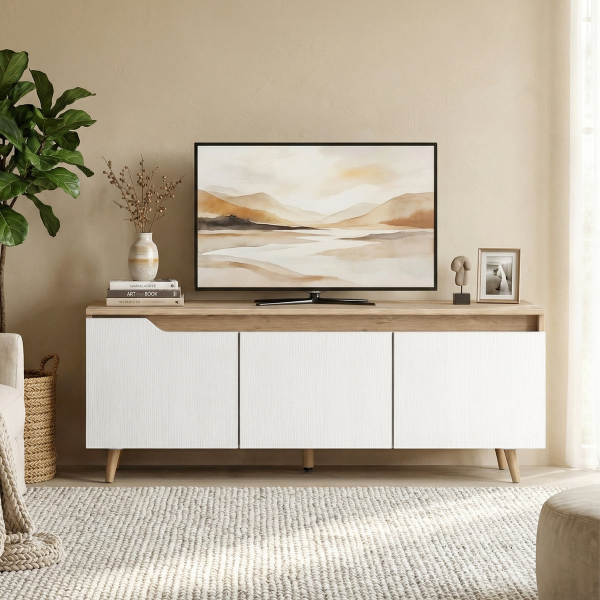 Meuble TV 120 cm, meuble télé pour téléviseur jusqu'à 55 pouces avec 3 portes, étagère réglable, chêne et blanc-1
