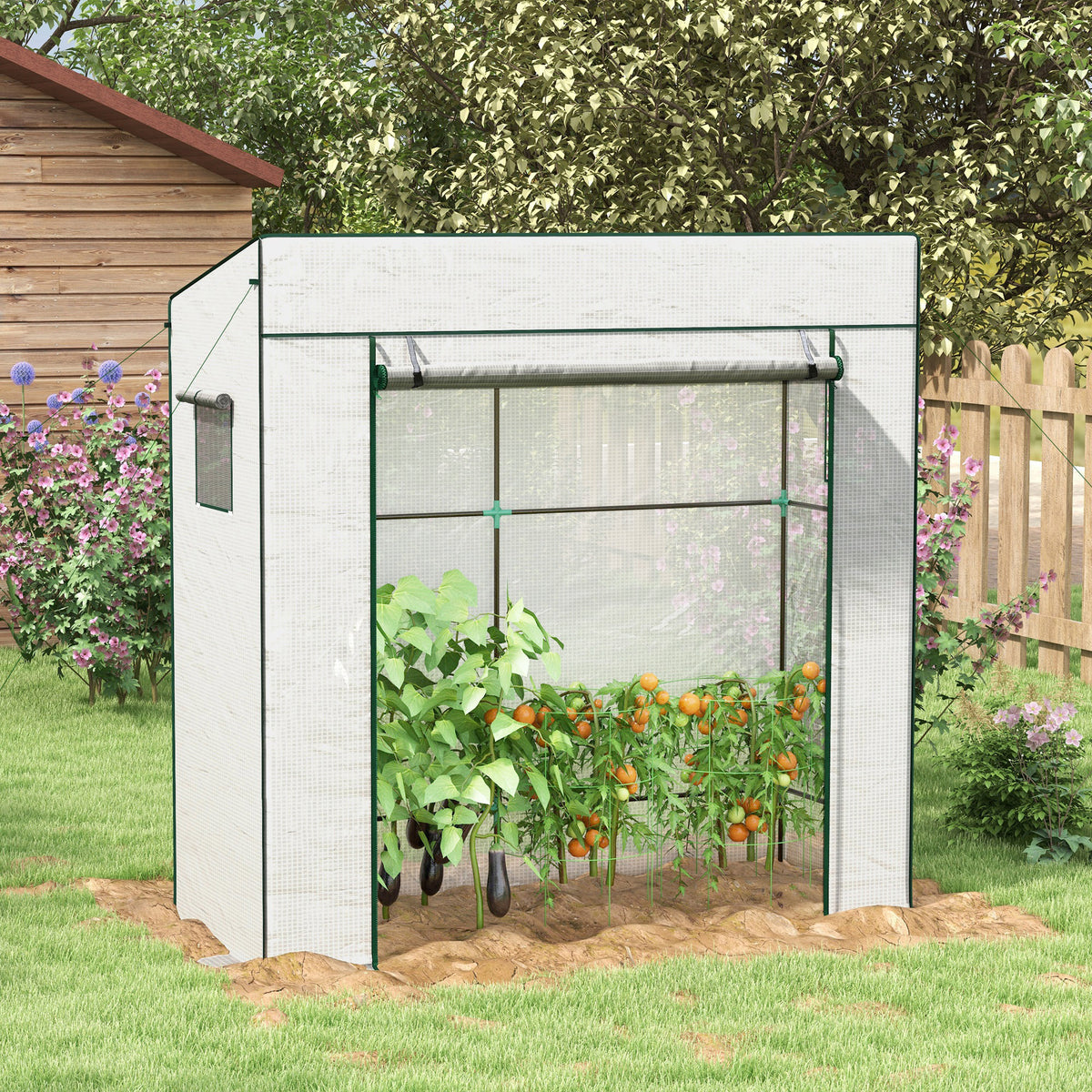 Serre de jardin murale adossée avec 1 porte enroulable, bâche PE renforcée, 2 fenêtres, dim. 196L x 77l x 197/178H cm-4