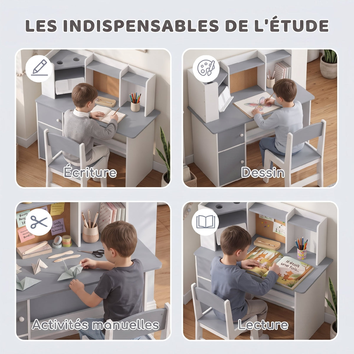 Bureau Enfant avec Chaise, Table d'Étude, Support de Tablette Réglable, Porte-Stylos, Panneau en Liège, 5-12 ans, Gris-3