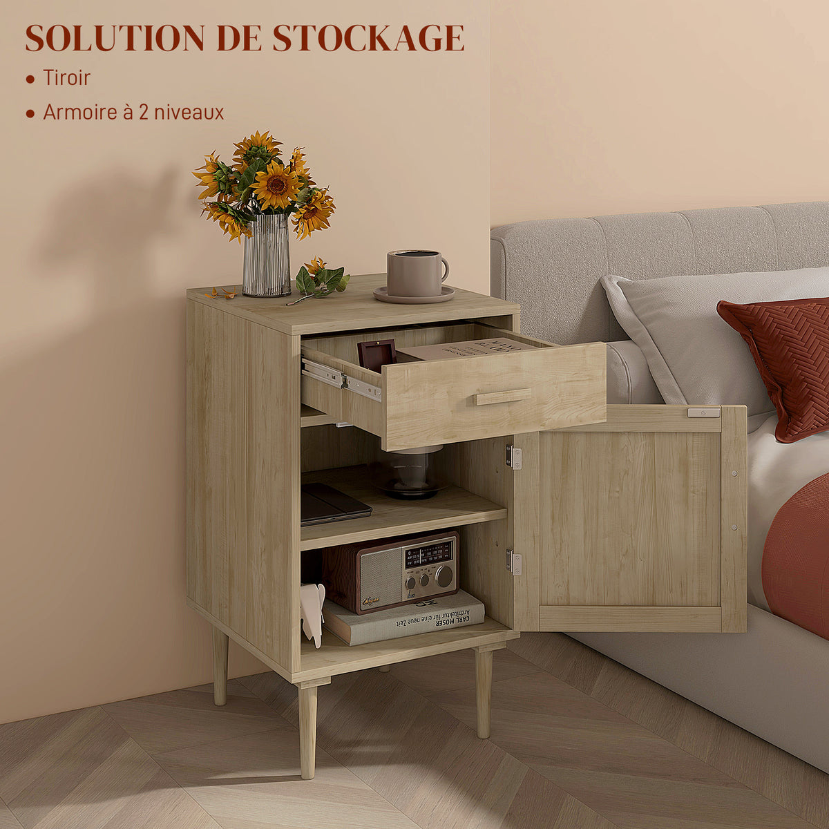 Table de chevet avec placard et étagère porte rotin tissé 1 tiroir design bohème - 40 x 40 x 68,5 cm naturel-4