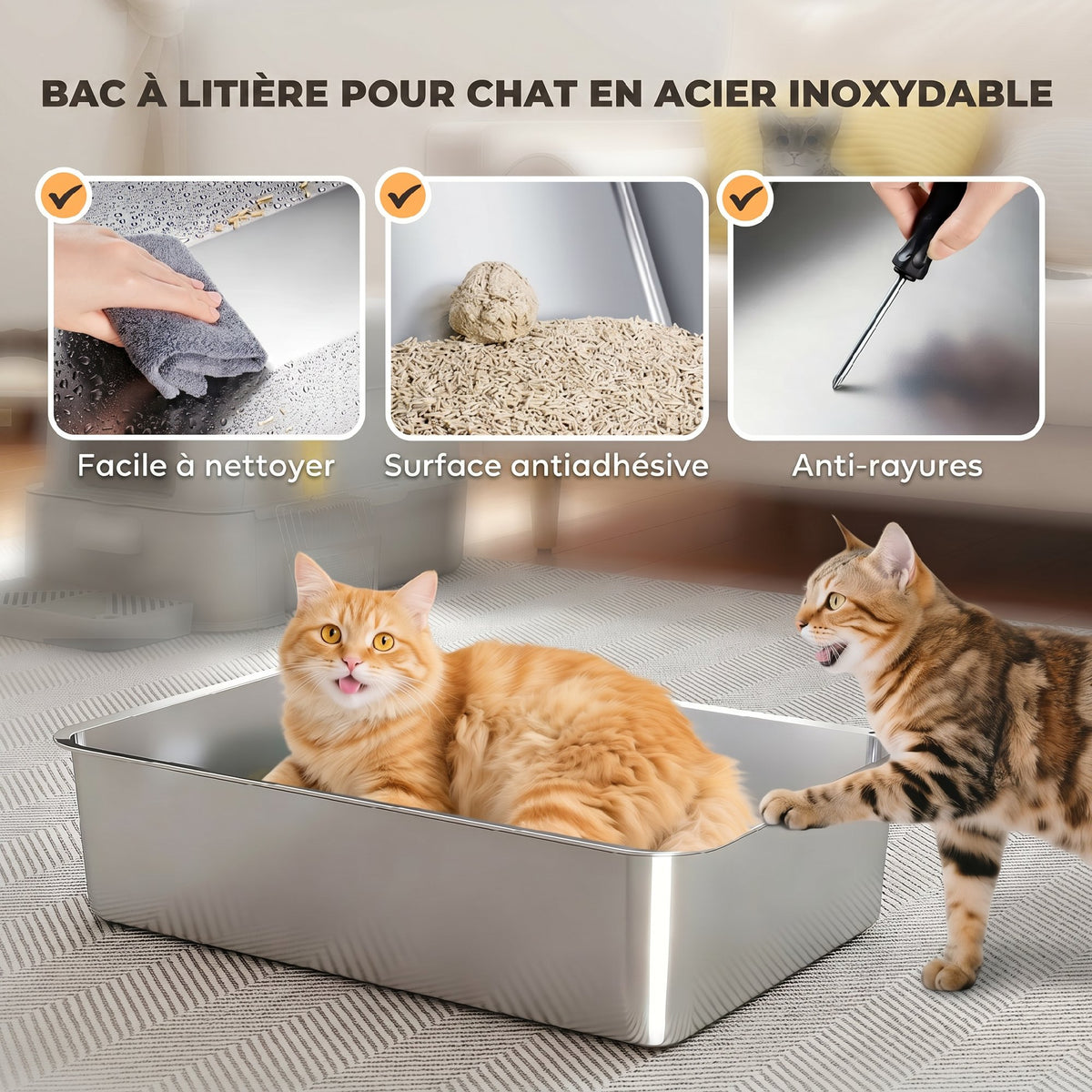 Bac à Litière pour Chat 80L en Inox avec Couvercle Rabattable à 180°, Tiroir Coulissant, Pelle, 63x43x43cm, Gris Clair-5