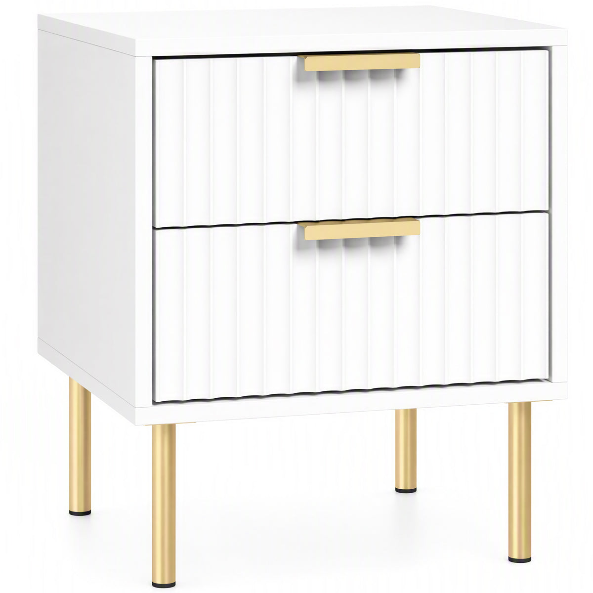 Table de chevet, table de nuit cannelée avec 2 tiroirs et pieds en acier, pour chambre à coucher, salon, blanc-0
