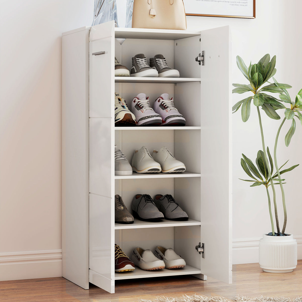 Meuble à chaussures 10 paires, armoire à chaussures à haute brillance 5 niveaux, étagères réglables, 55x36x108cm, blanc-7