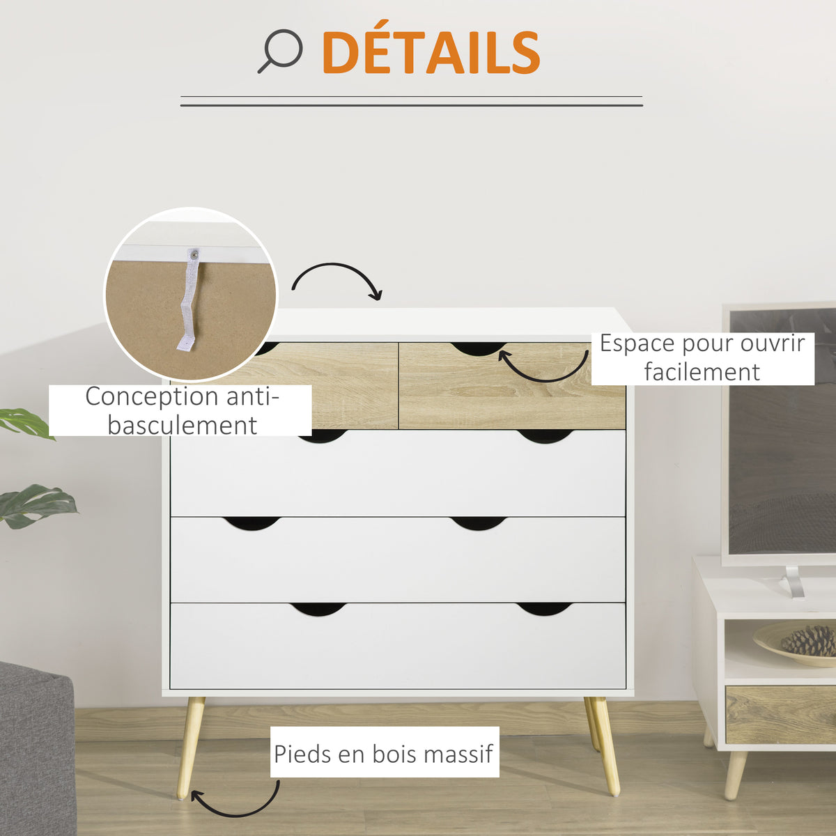 Commode 5 tiroirs Design scandinave Meuble de Rangement Chambre Panneau de Particules 99 x 39 x 101 cm Blanc Aspect chêne Clair-4