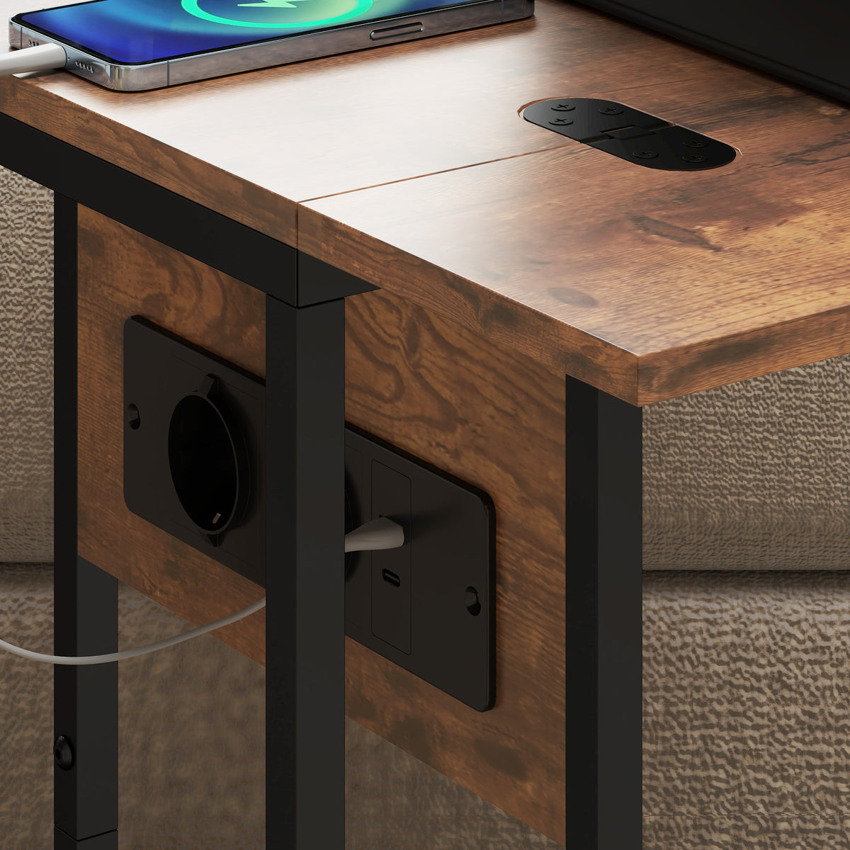 Table d'appoint bout de canapé avec station de charge, plateau pliable, 39 x 29 x 57 cm, brun rustique et noir-8