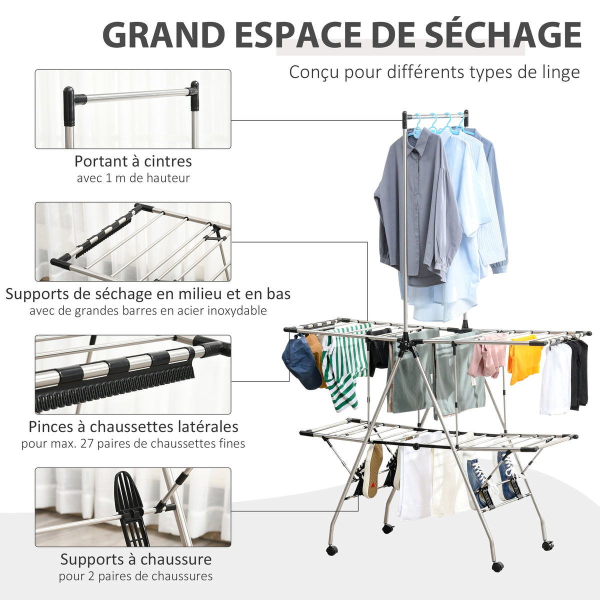 Séchoir à linge étendoir pliable avec roulettes grand espace d'étendage acier inoxydable 138,5 x 63 x 208 cm-3