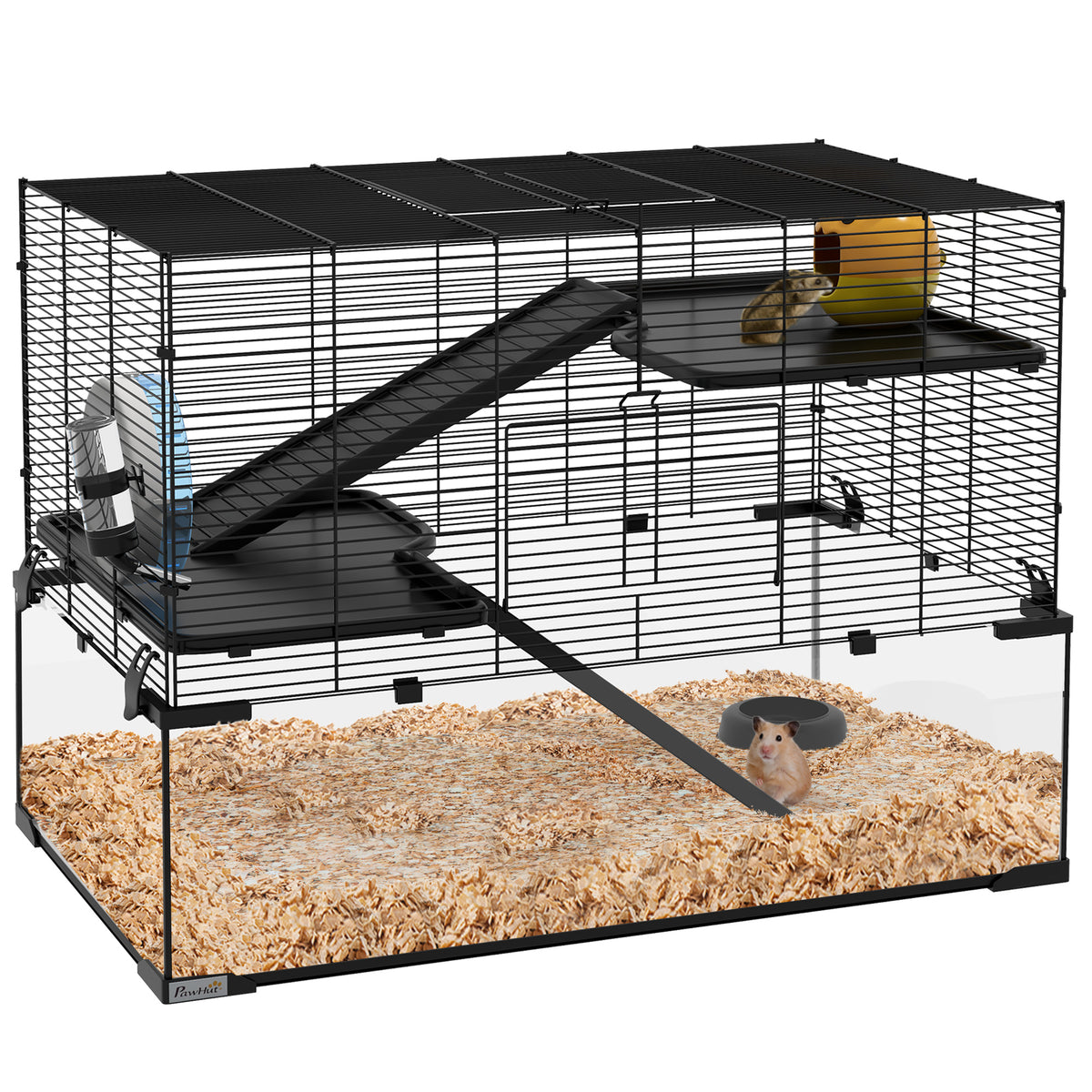 Cage hamster cage rongeur 3 niveaux avec roue rampes maisonnette abreuvoir mangeoire 76,5L x 48,5l x 54,5H cm noir-0