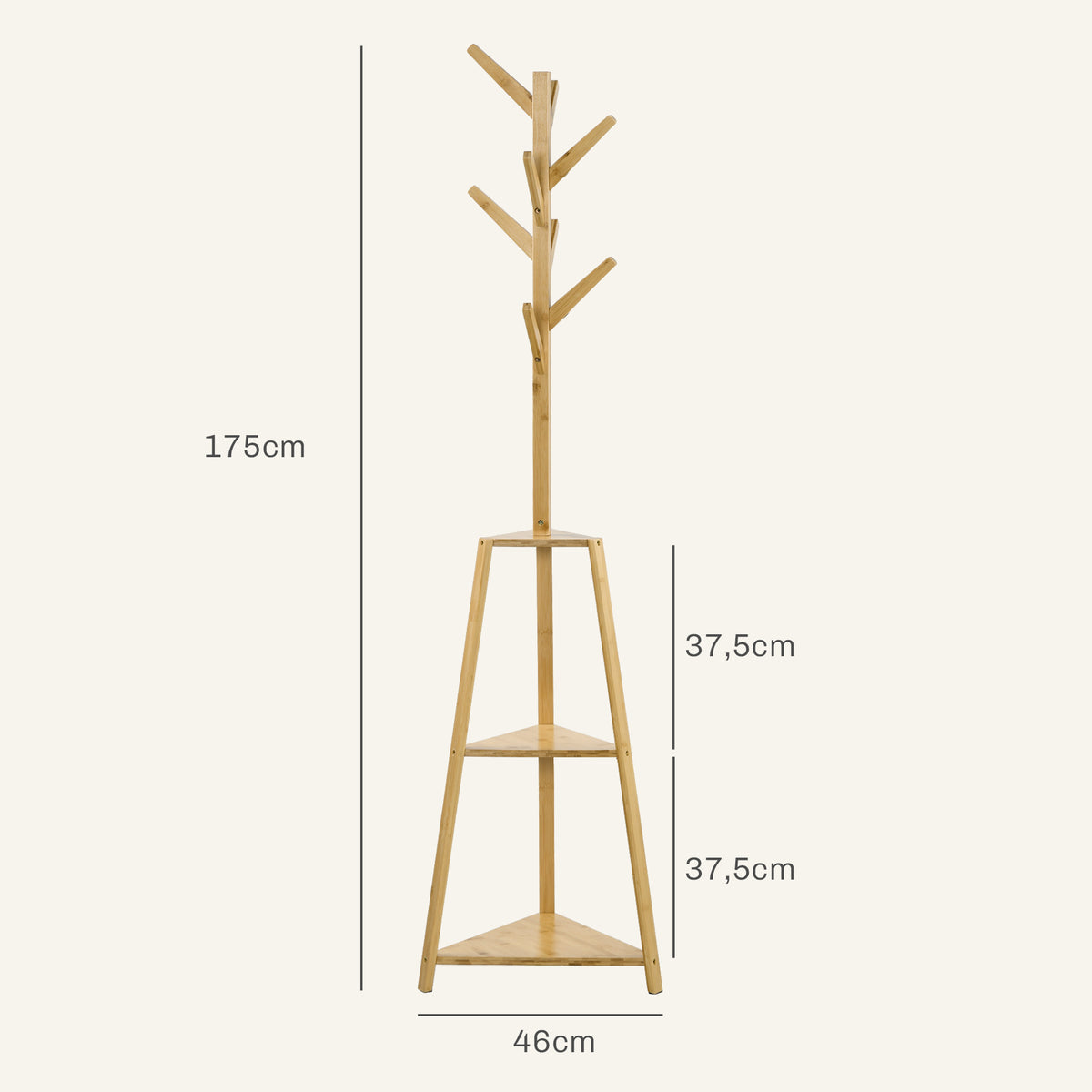 Portemanteau sur pied en bois bambou portant à vêtements 8 patères 3 étagères 46 x 46 x 175 cm naturel-2