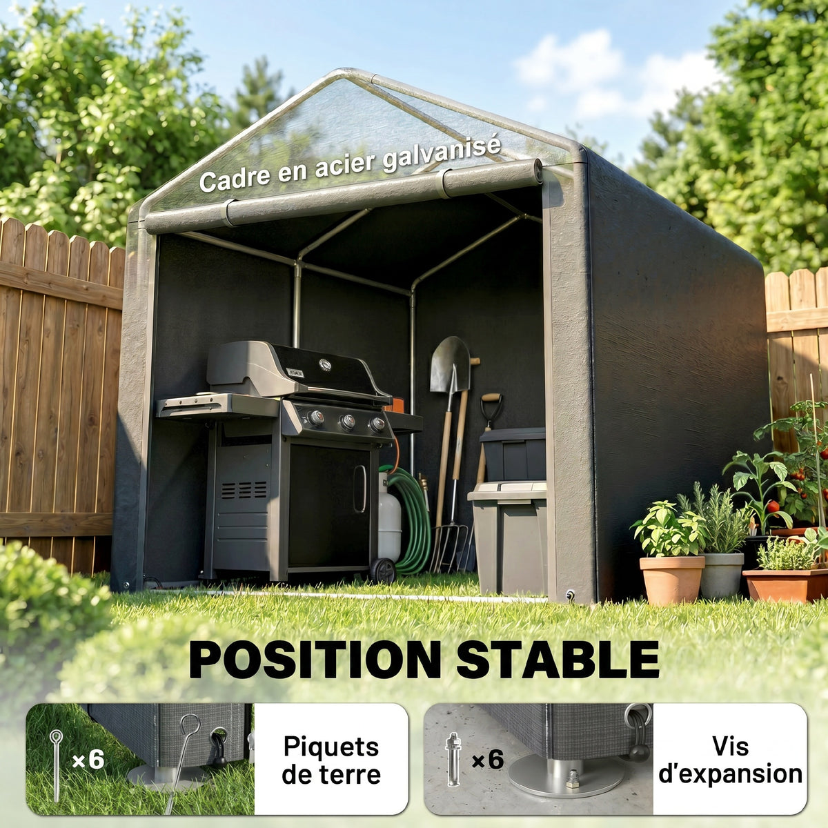 Abri de jardin tente de stockage portable abri de vélo garage pour extérieur avec cadre en acier galvanisé grande porte-4