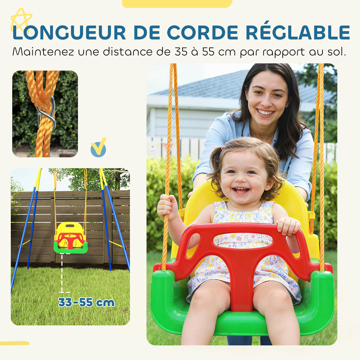 Portique Balançoire Enfants 3-en-1, Balançoire Pliable avec Siège Réglable, Intérieur et Extérieur, Multicolore-4