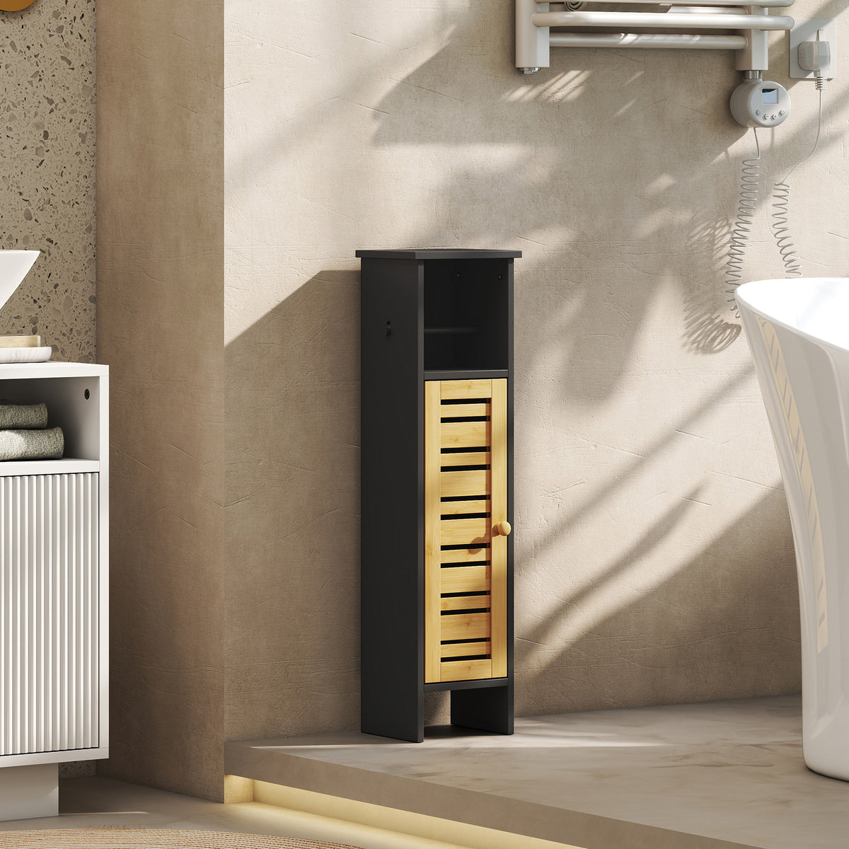 Meuble de salle de bain avec support papier toilette barre amovible 3 Niveaux + Sortie Papier, 78H cm, Bambou noir-1
