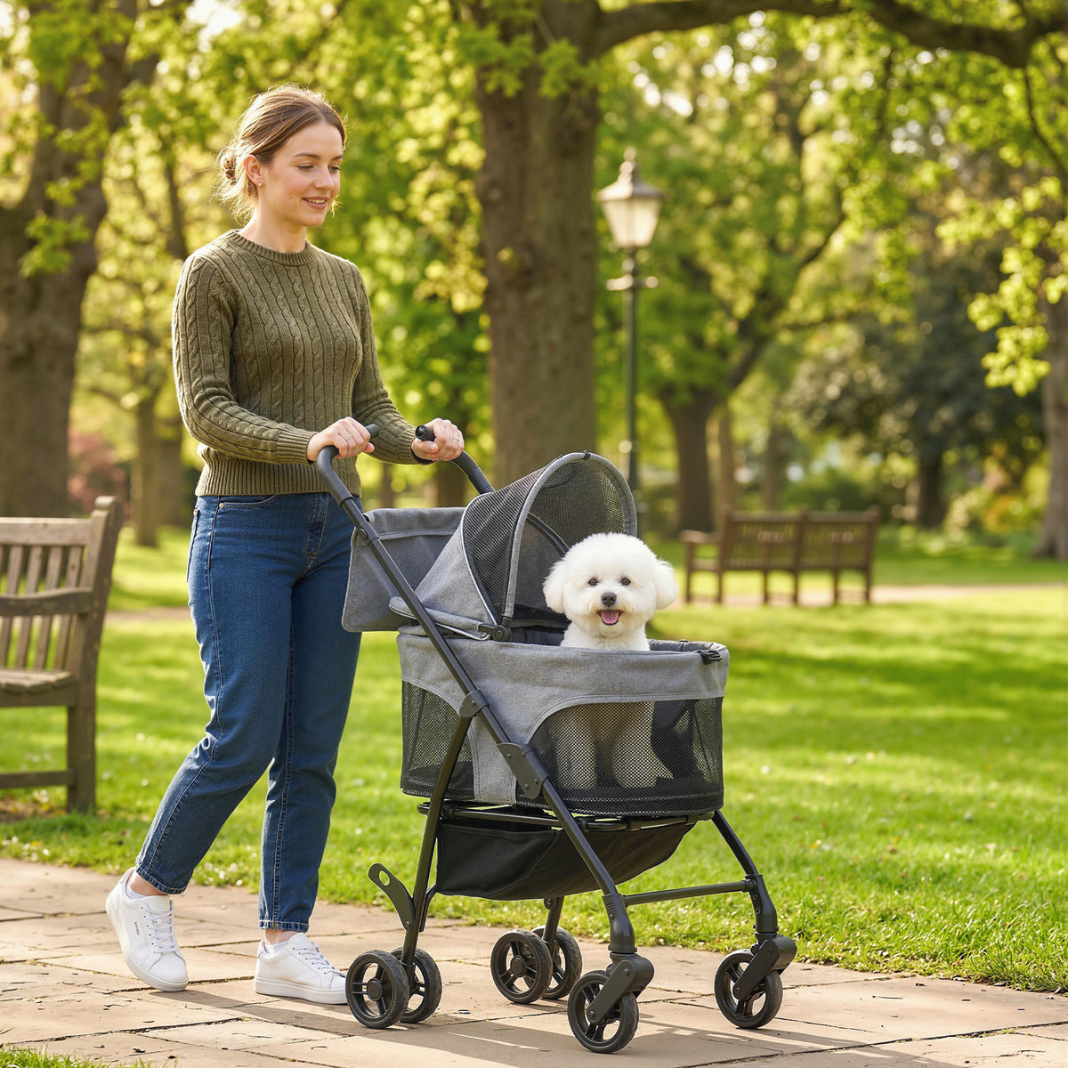 Poussette pour Chien Pousse-Chien 3 en 1 Détachable Pliable Nacelle Amovible et Sans Fermeture Éclair Suspension Gris-9