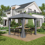 Tonnelle de jardin pour terrasse avec 4 parois latérales double toit protection solaire 3 x 3 m gris-1
