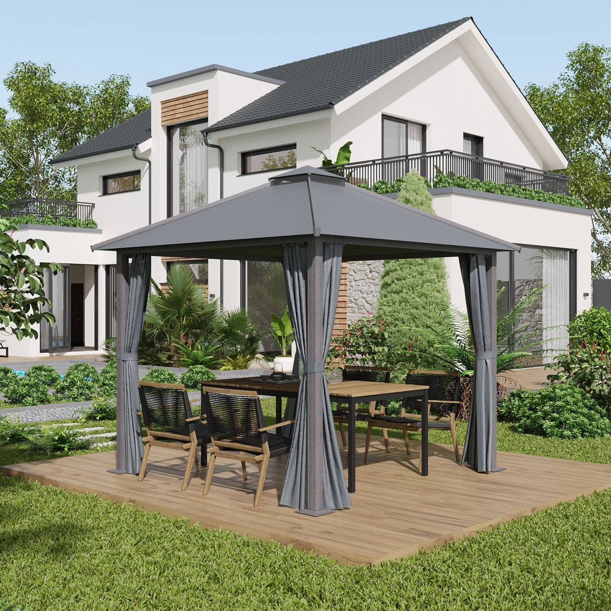 Tonnelle de jardin pour terrasse avec 4 parois latérales double toit protection solaire 3 x 3 m gris-1