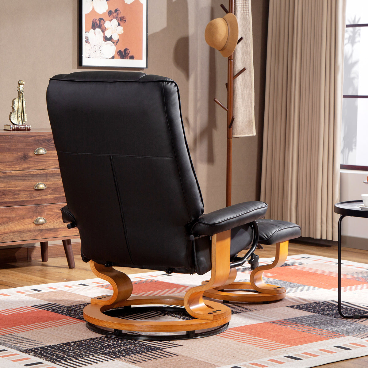 Fauteuil de relaxation inclinable avec repose-pied, pivotant, cadre en bois , revêtement synthétique noir-8