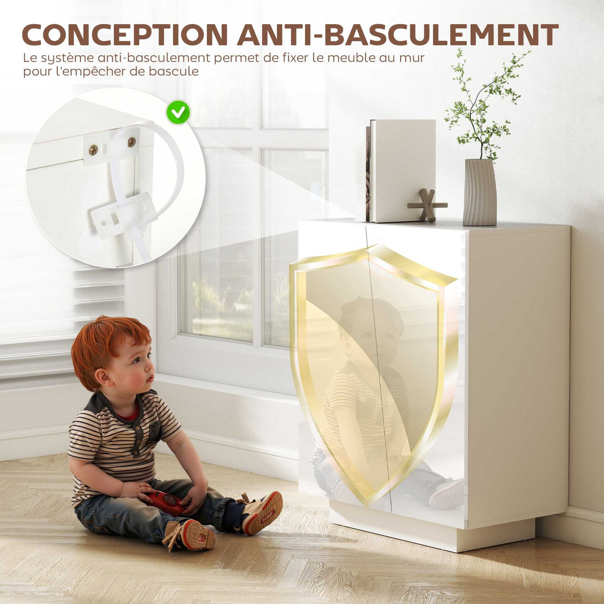 Buffet meuble de rangement avec placard double porte et étagère réglable, 70 x 40 x 88 cm, blanc brillant-5