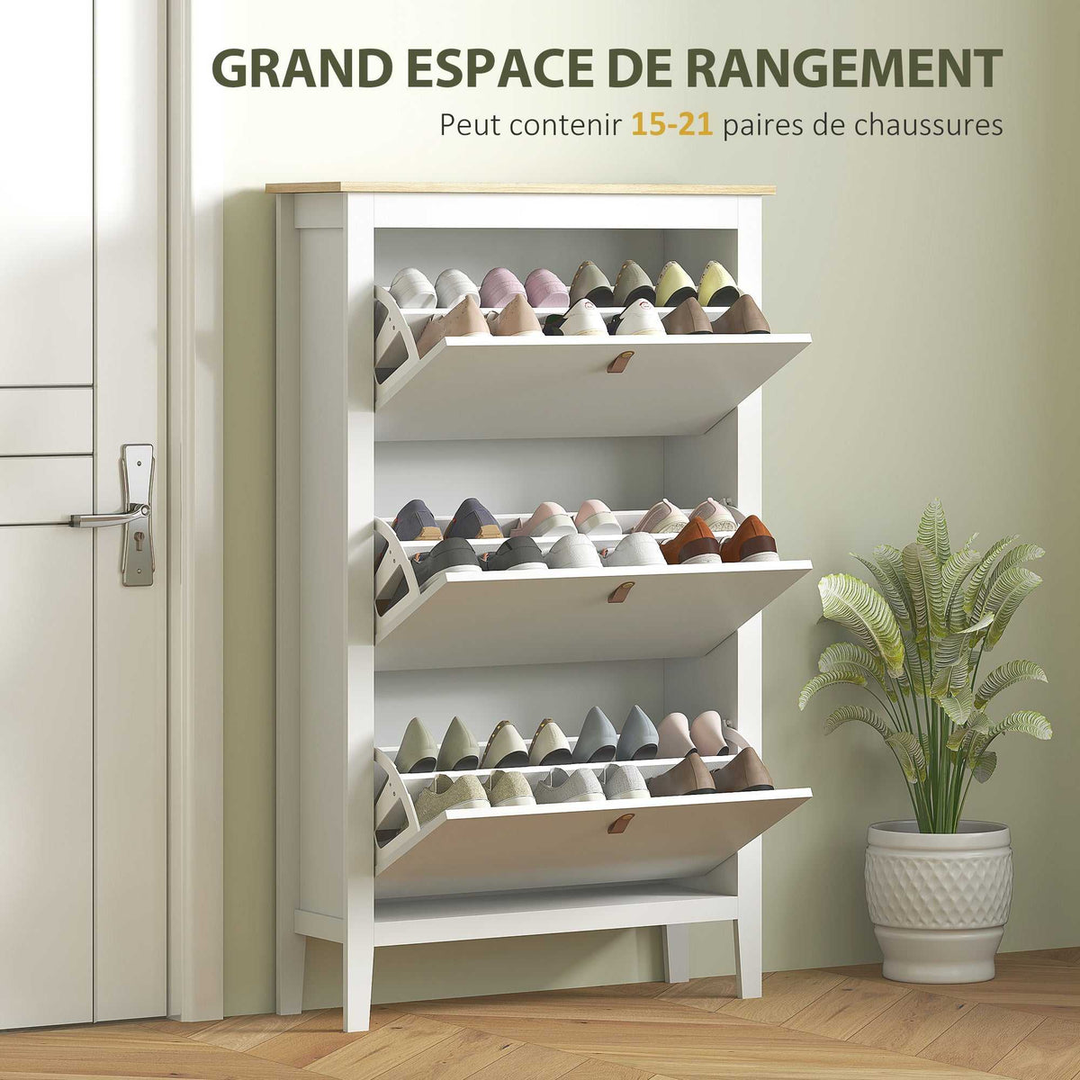 Meuble à chaussures 21 paires, armoire à chaussures avec 3 tiroirs rabattables, étagères amovibles et réglables, blanc-3