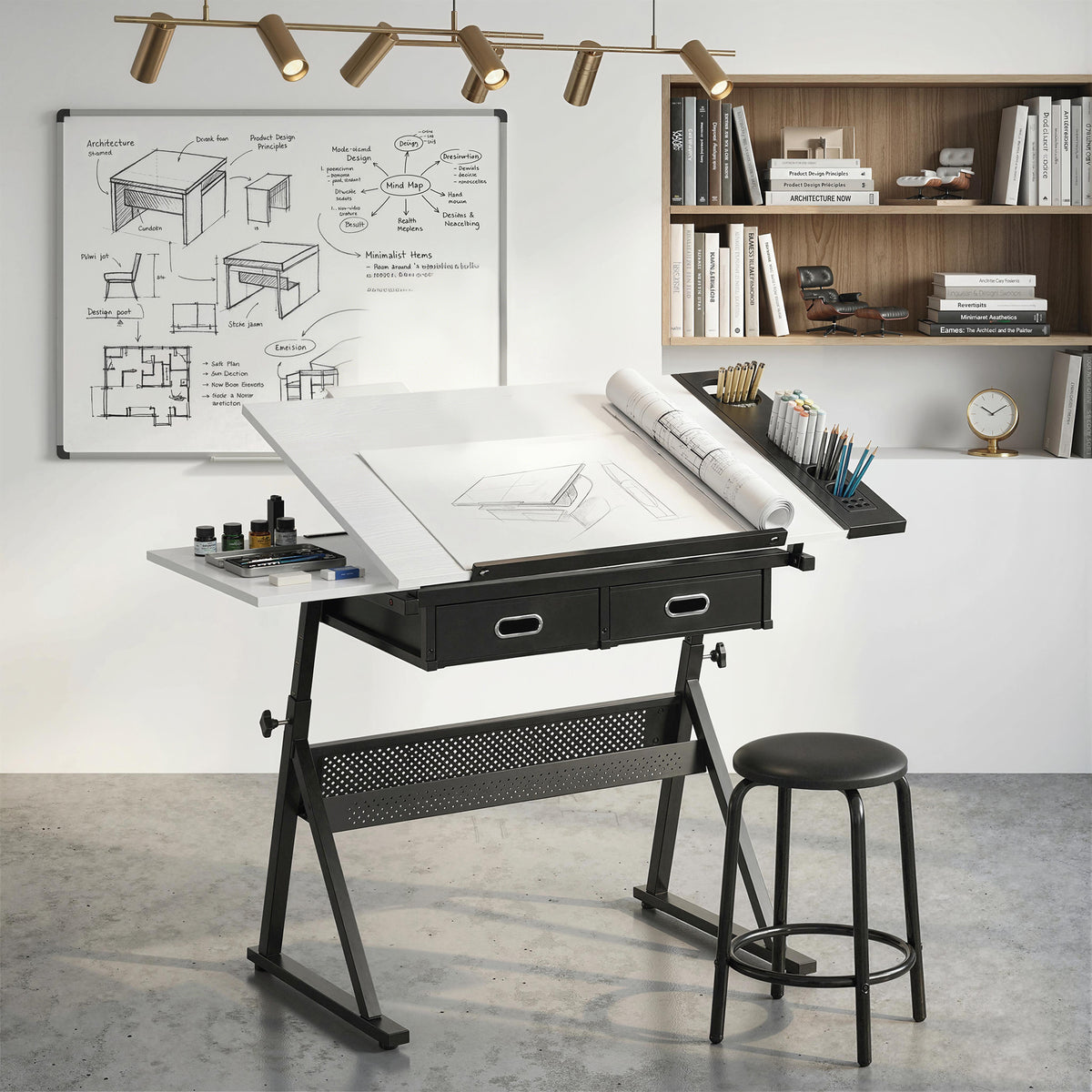 Table à dessin avec tabouret et 2 tiroirs, hauteur réglable, plateau inclinable 0° à 60°, 120 x 60 x 68-92 cm, blanc-7