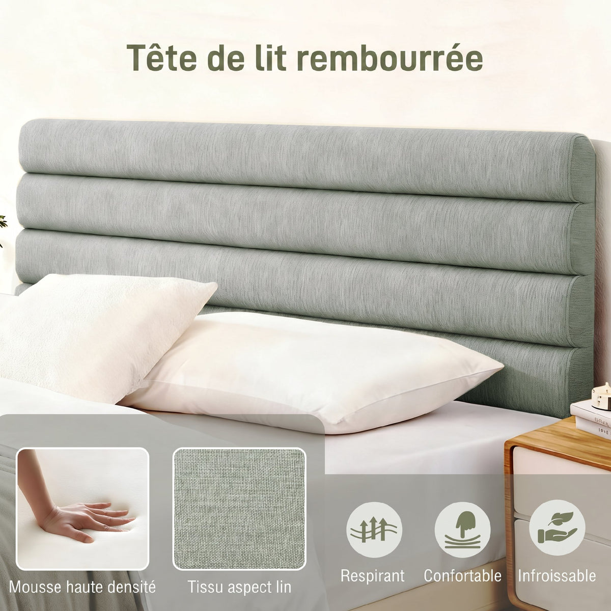 Tête de Lit Capitonnée, Hauteur Ajustable en 3 Niveaux avec Pieds en Métal pour Chambre, 140 x 10 x 106/116/126 cm, Gris-4