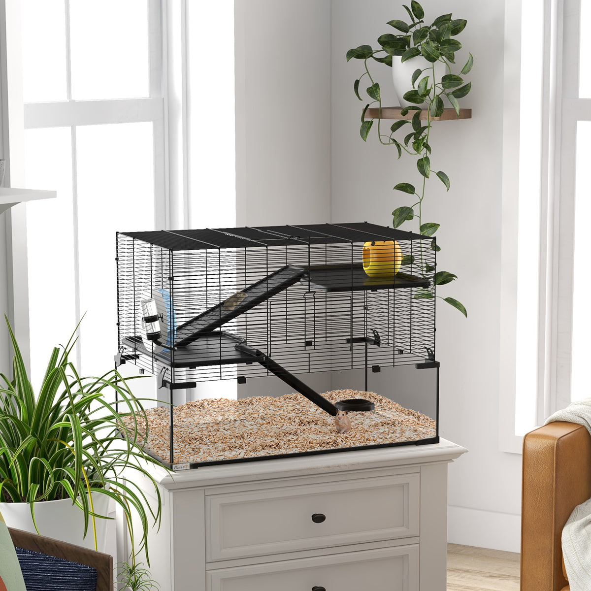 Cage hamster cage rongeur 3 niveaux avec roue rampes maisonnette abreuvoir mangeoire 76,5L x 48,5l x 54,5H cm noir-1