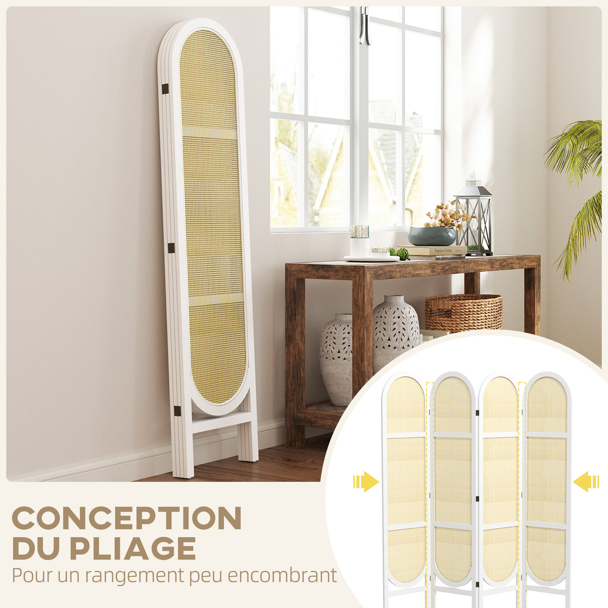 Paravent interieur en bois 4 panneaux 170 x 160 cm pliable et portable, motif tissé à la main, blanc-3