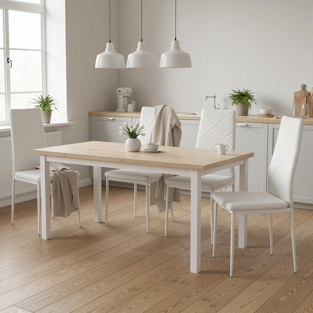 Lot de 4 chaises de salle à manger avec dossier haut, revêtement synthétique et pieds en acier, blanc-1