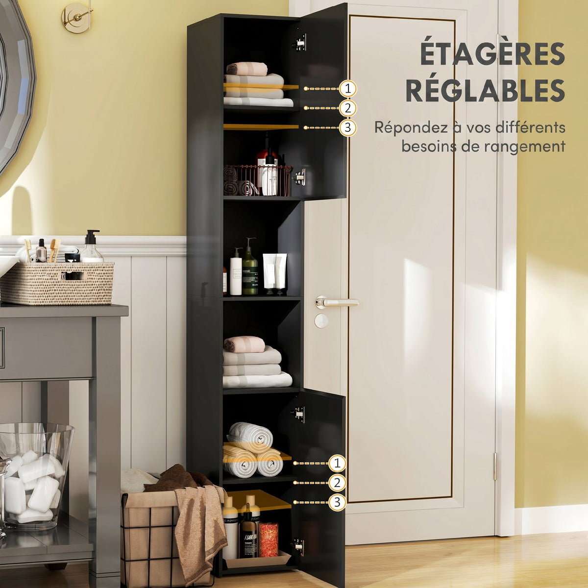 Meuble colonne de salle de bain 2 placards avec étagères réglables + 2 niches 30 x 30 x 181,5 cm noir-4