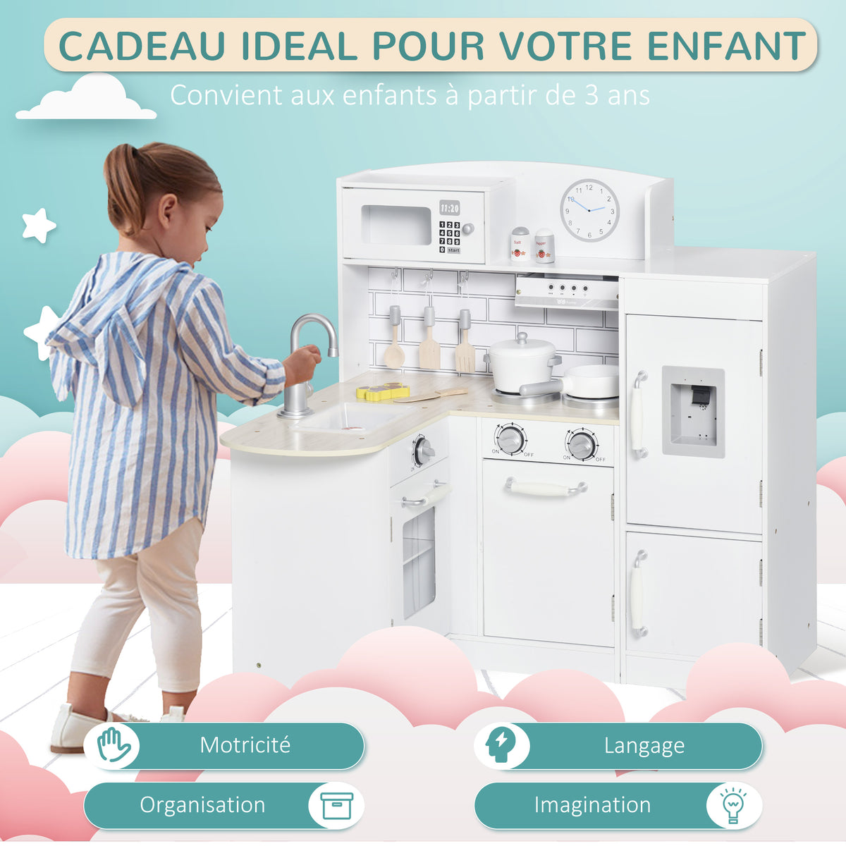 Cuisine Bois Jeu d'imitation - Cuisine Enfant 3+ Ans - Nombreux Accessoires & rangements Inclus - micro-ondes, hotte, évier avec robinet - MDF pin Blanc-3