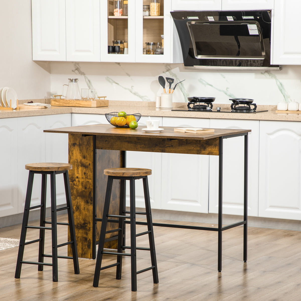 Ilot centra table de bar plateau latéral rabattable et 3 étagères 120 x 76 x 91,4 cm Brun Rustique-1