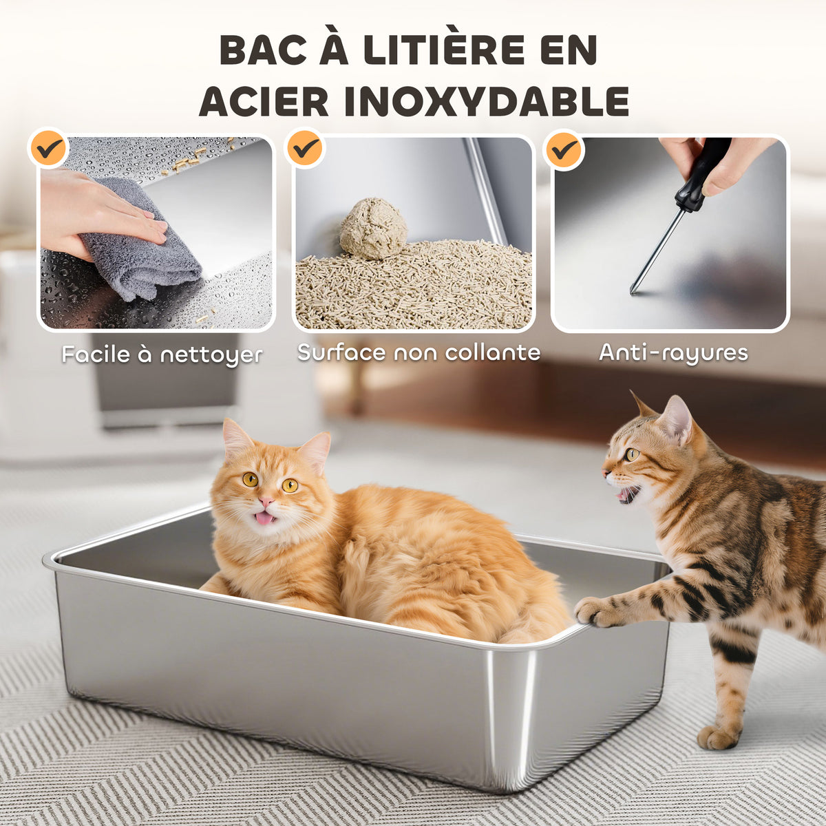 Bac à Litière XL en Acier Inoxydable pour Grand Chat, Couvercle Pivotant 100°, Pelle, 60,2x40,2x44,5cm, Gris Clair-3