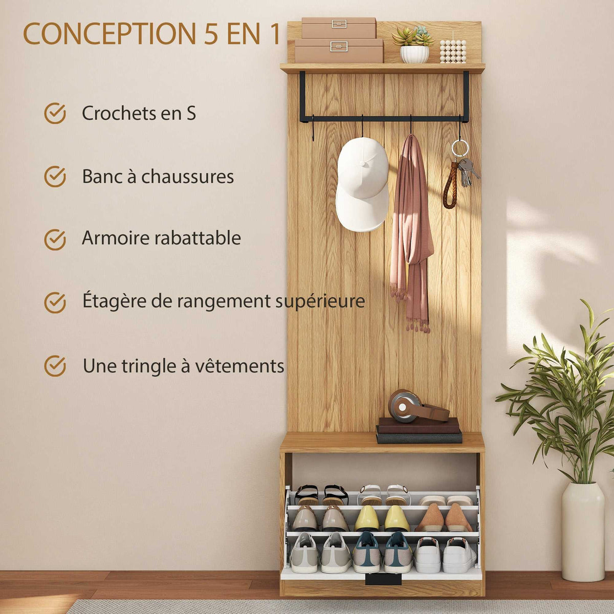 Porte-Manteau 5 en 1, Meuble d'Entrée, Banc à Chaussures, Tiroir Basculant, Étagères Réglables, 4 Crochets, Chêne-3