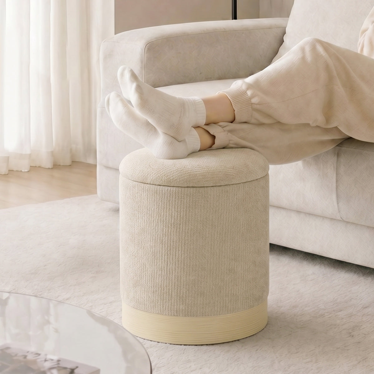 Pouf coffre rangement, tabouret rond en chenille, pouf repose-pieds avec base en métal effet bois, beige-1