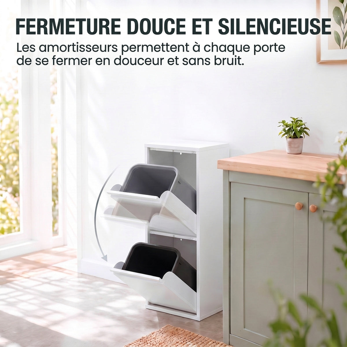 Meuble Poubelle de Tri Sélectif, Poubelle de Recyclage 30 L (2 x 15 L) avec 2 Compartiments, Fermeture Douce, Blanc-4