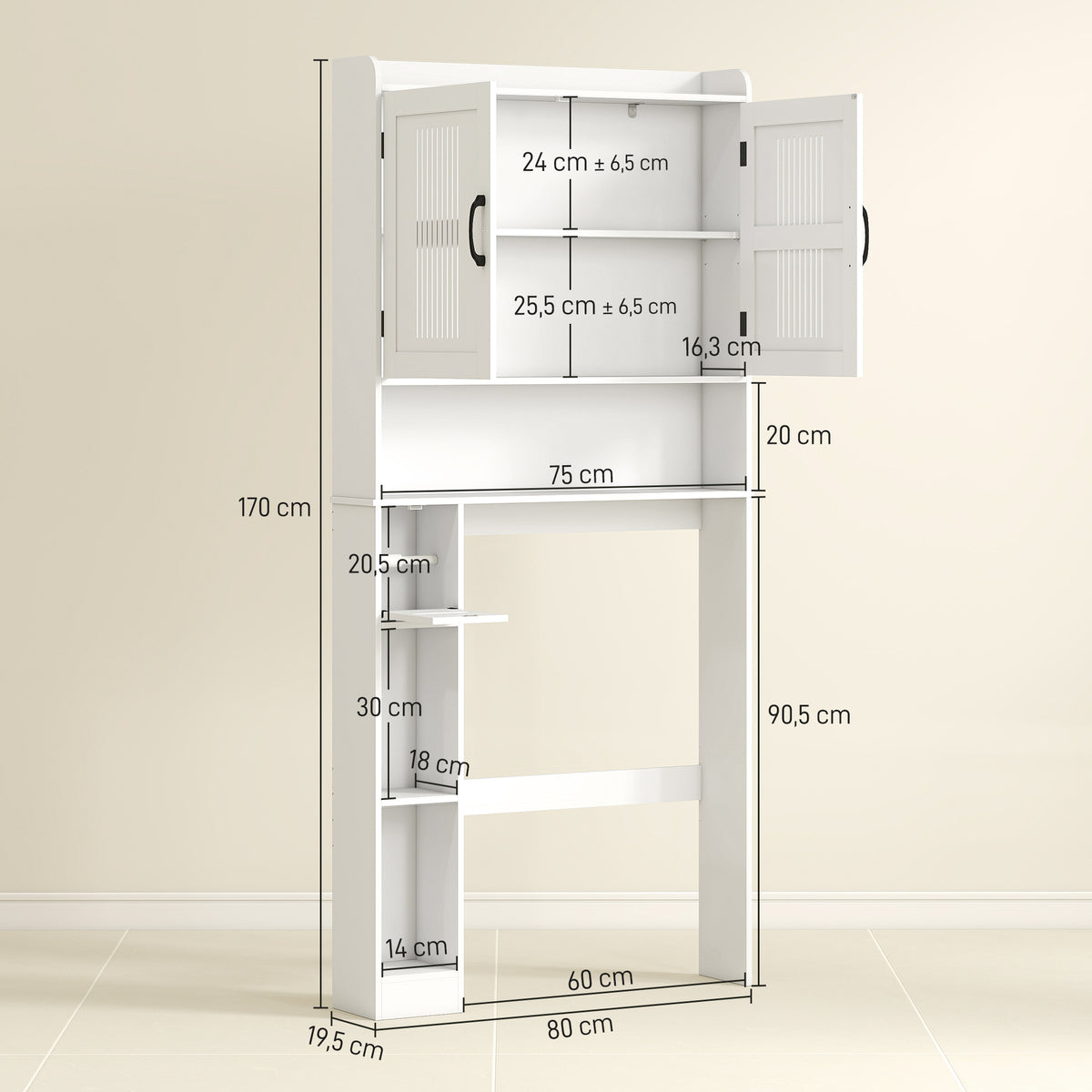 Meuble WC dessus de toilette meuble salle de bain avec placard à porte double et porte-papier 80x19,5x170cm blanc-2