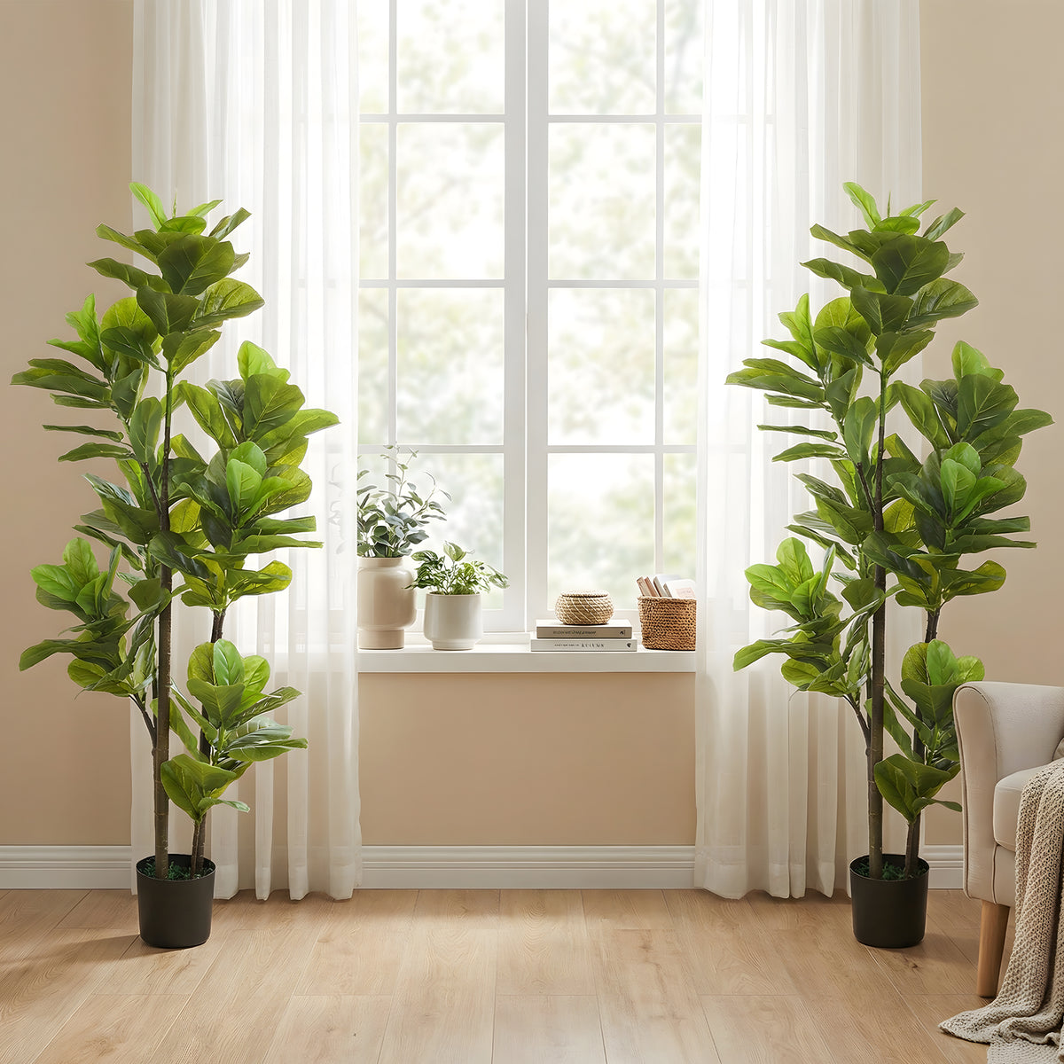 Lot de 2 plantes artificielles intérieures 150 cm, fausse plante à figuier lyre avec pot en ciment, vert-9