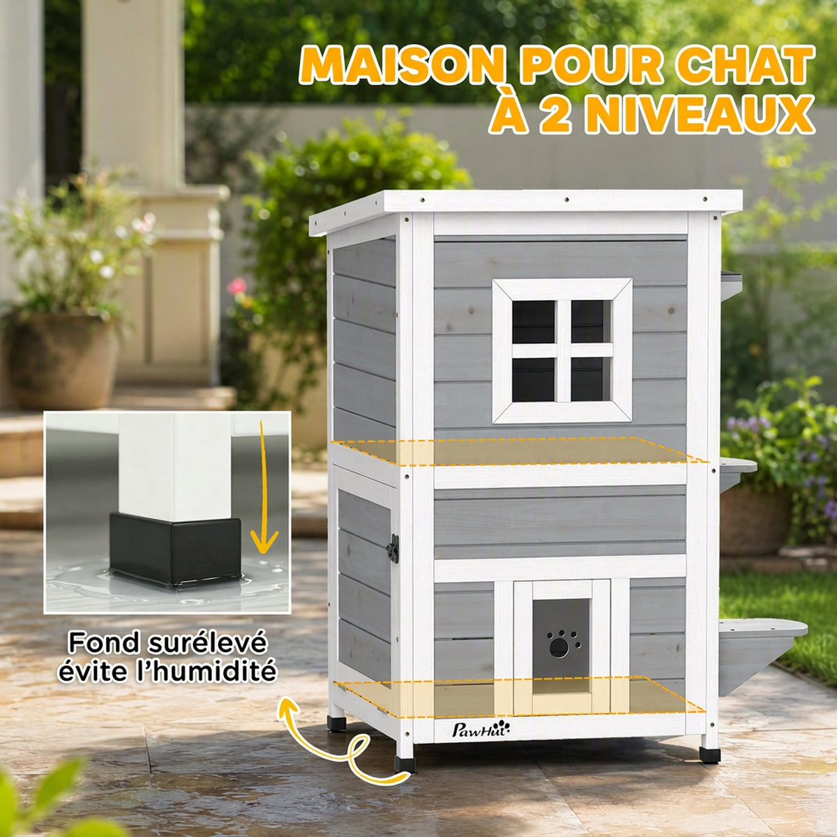 Maisonnette pour chats sur 2 étages en bois intérieur et extérieur toit rabattable 51 x 51 x 81,3 cm blanc et gris-4